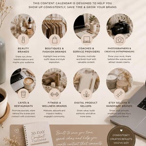 Puede incluir: Un calendario de contenido para pequeñas empresas y creadores. La imagen presenta iconos que representan varios tipos de negocios, incluyendo marcas de belleza, boutiques, coaches, fotógrafos, cafés, marcas de fitness y vendedores de Etsy.