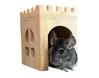 Small Animal Castle Hide Kiln Dried Pine - Chinchilla Rat Degu Guinea Pig Squirrel Ferret - Unique Enrichment Accessories Wood Hut House