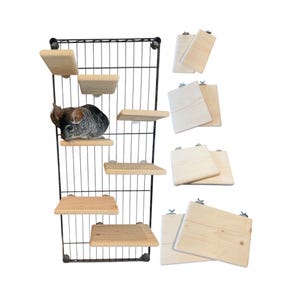 May include: A black wire grid cage wall featuring multiple light-colored wooden rectangular platforms attached at various heights, with a grey chinchilla resting on one shelf and several additional wooden platforms with metal hardware included.