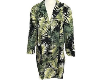 Vintage Barkcloth Long Jacket Coat - Palm Leaf Pattern - Black Green White - 48" Chest - Unisex