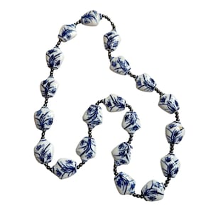 Vintage Chinese Import Blue/White Porcelain Urn & Butterfly Beaded Necklace - Hand Painted 30"