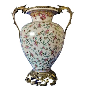 Vintage French Sevres Style Porcelain Urn Vase W/Foliate Bronze Handles & Base