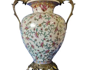 Vintage French Sevres Style Porcelain Urn Vase W/Foliate Bronze Handles & Base