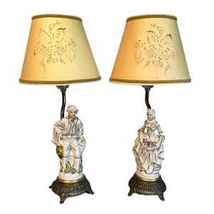 Vintage 1930s Porcelain French Maiden & Gent Boudoir Lamps W/Shades - Bedside Lamps