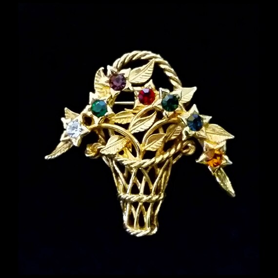 Vintage Joan Rivers Gold Jeweled Basket Brooch Pin