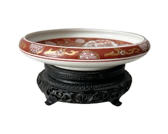 Vintage Japanese Gold Imari Red Hand Painted Console Bowl & Ebony Stand