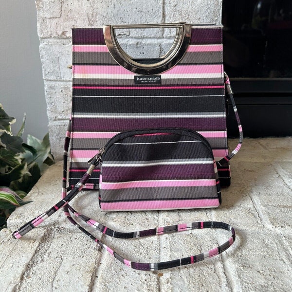 KATE SPADE Black & Pink Stripe Bag w/Makeup Bag - Crossbody Strap -Purse Handbag