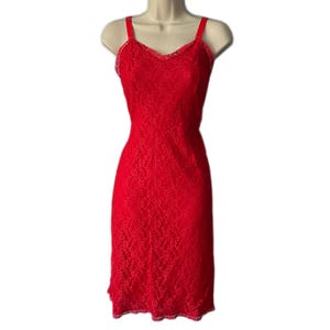 Vintage 1950s Red Lace Full Slip: Rockabilly Nylon Lingerie, Sz 36
