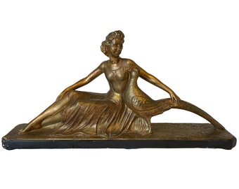 1920's Art Deco Woman With Peacock Gold & Black Chalkware Mantle Figurine - Arnova 328 - European