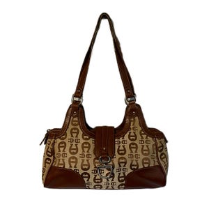 Vintage Etienne Aigner Signature Logo Satchel Shoulder Bag - Brown & Tan Canvas - 1990s