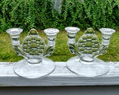 Vintage 1940s Hollywood Regency Westmoreland Glass Thousand Eye Double Candlesticks - a Pair