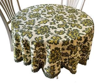 Vintage Mid Century Modern Green Acanthus Leaf Tablecloth MCM - Round 70"