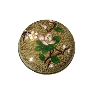 Vintage Japanese Cherry Blossom Round Cloisonne Trinket Box - Chinoiserie Asian Decor