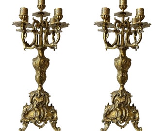 Pair of Late 19th C. Tall Antique French Rococo Baroque Brass Candelabra