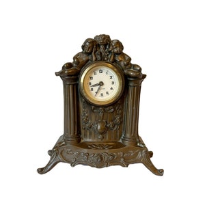 Rare Antique Edwardian c1910 Precista Cast Metal Putti Cherubs Mantle Clock - England - WORKS!