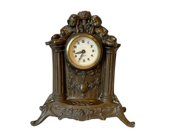 Vintage Hollywood Regency Precista Cast Metal Putti Cherubs Mantle Clock - Made In Germany