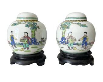 Pair of Vintage Chinese Porcelain Ginger Jars W/Children Feeding Ducks on Ebony Stands