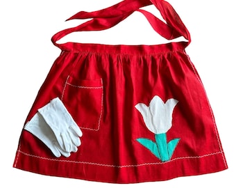 Vintage 1940's 50's Red Apron w/ Applique Tulip & White Gloves - Kitsch!