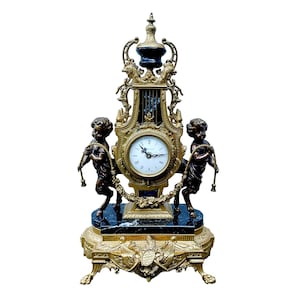Vintage Italian Gilt Bronze & Marble Rococo Lyre Clock w/Faun Figurals