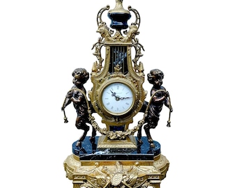 Vintage Italian Gilt Bronze & Marble Rococo Lyre Clock w/Faun Figurals
