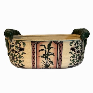 Vintage French Country Jardiniere Pottery Planter in Green & Plum Botanicals
