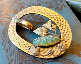 Antique Edwardian Art Nouveau George L. Paine Brass Sash Pin w/Art Glass Cabochon