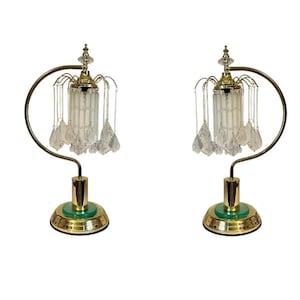 Vintage Modernist Brass & Crystal Waterfall Chandelier Lamps - A Pair