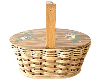 Vintage Wicker Picnic Basket for 2 - Lunch Basket w/Hand Painted Hinged Lids - Cottagecore
