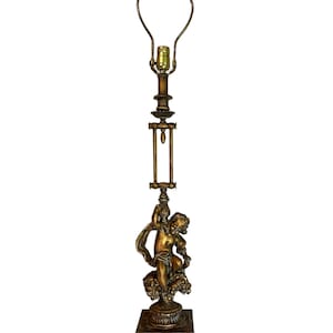 Vintage 40s Hollywood Regency Cast Metal Cherub Lamp w/Reticulated Arm