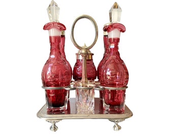 Antique Victorian Cut Encased Cranberry Glass Condiment Cruet/Castor Set - Atkin Brothers, England