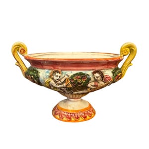 Antique Italian Capodimonte Oval Handled Pedestal Bowl/Vase W/Cherubs