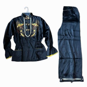 Vintage 1950&#39;s Chinese Black Silk w/Gold Dragon 2 Pc Tang Suit - Asian Clothing
