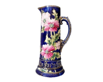 Antique Nippon Peonies on Cobalt Blue Pottery Tankard Urn - Hand Painted - circa 1900