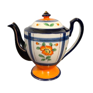 Antique 1920&#39;s Moriyama Mori Machi Japanese Orange Poppy Blue/Wht Porcelain Teapot