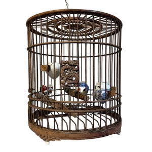 Antique Cantonese Carved Teak Wood Bird or Canary Cage w/5 Blue White Porcelain Bowls