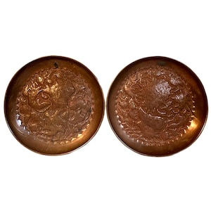 Antique Persian Repousse Copper Wall Plates W/ Birds & Foliate Design - A Pair