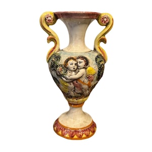 Antique Italian Capodimonte Handled Pedestal Urn Vase W/Cherubs
