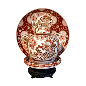 Vintage Japanese Gold Imari Porcelain Set - Ginger Jar, Bowl, Platter, Carved Wood Stand