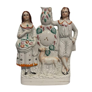 Antique Victorian English Staffordshire Porcelain Mantle Figurine - Couple with Roe Deer -  England