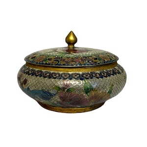 Vintage Chinese Plique A Jour Cloisonne Lidded Box - Jewely Trinket - Enamel & Brass