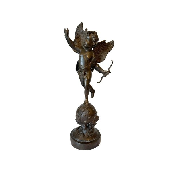 Vintage Patinated Bronze Cupid With Bow Sculpture - Spain