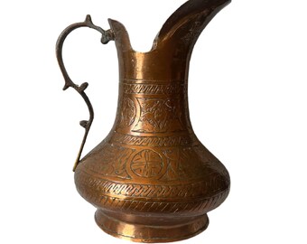 Antique Persian Middle Eastern Hand Chased Copper Pitcher - Arabic Moroccan Decor