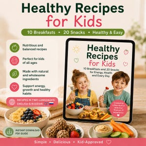 Puede incluir: Una tableta digital muestra un libro de cocina titulado Healthy Recipes for Kids, con 10 desayunos y 20 aperitivos. La pantalla muestra a dos niños comiendo, rodeados por un tazón de avena, bolas energéticas y bastones de verduras.