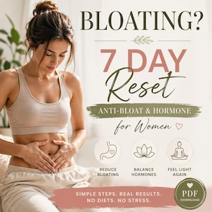 Op de afbeelding: Afbeelding die een 7-daags resetprogramma promoot. De tekst luidt "BLOATING? 7 DAY Reset ANTI-BLOAT & HORMONE for Women." De afbeelding bevat pictogrammen voor het verminderen van een opgeblazen gevoel, het in evenwicht brengen van hormonen en je weer licht voelen. Een vrouw raakt haar buik aan.