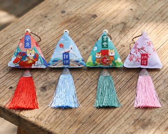 Fabric Sachet Hanging Ornament | Good Luck Amulet Window Decor | Traditional Tassel Charm | Decorative Nursery Ornament Gift