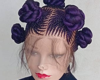 HD Human Hair Lace Bantu Knots Wig: Purple Black Mix, Adjustable Strap