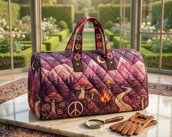 Boho Mountain Forest Travel Duffel Bag, Moonlit Camping Mushroom Weekender Tote, Hippie Nature Overnight Gym Bag Gift