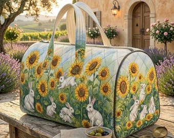 Sonnenblume Kaninchen Reisetasche, Aquarell Kaninchen Floral Weekender Tasche, Gesteppte Cottagecore Übernachtung Gym Tote Geschenk