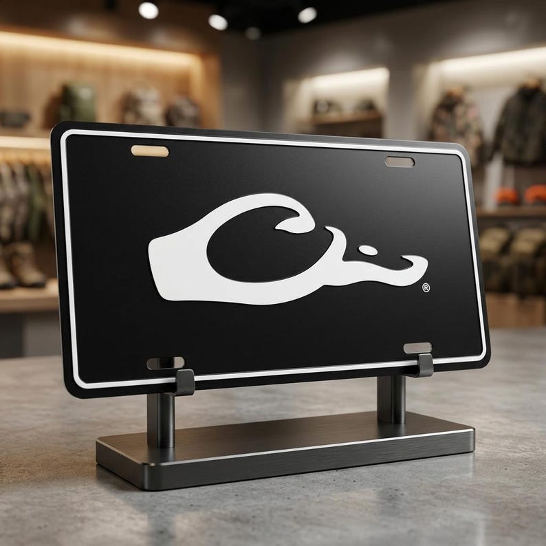 May include: Black license plate with a white logo of a duck head. The license plate is displayed on a metal stand. The license plate has a white border and is displayed on a gray surface.