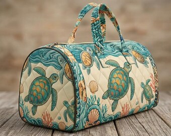 Sea Turtle Ocean Print Quilted Duffel Bag, Coastal Travel Tote for Women, Beach Weekend Carry On Gym Overnight Bag Gift